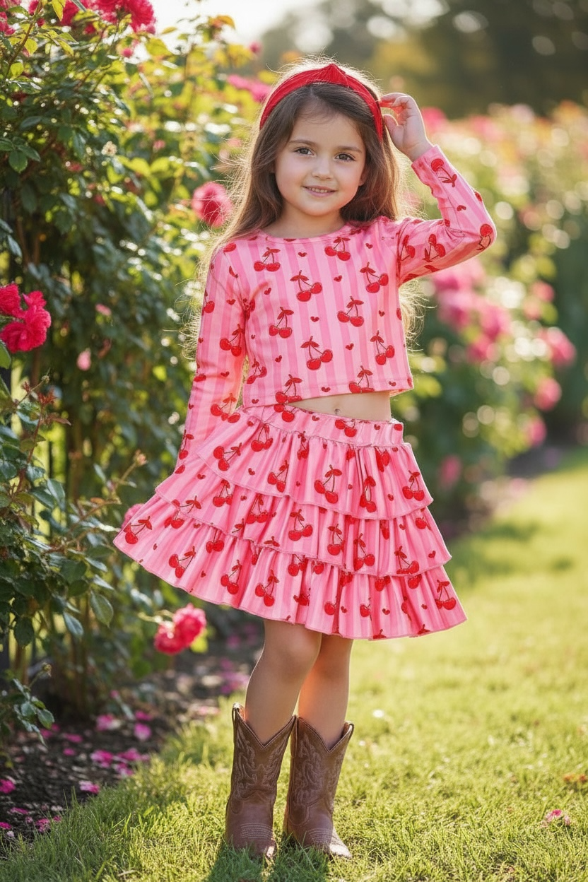 Cherry & stripe long sleeve top & skort.