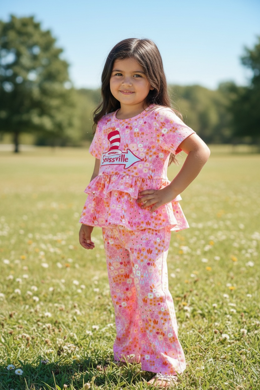 Seussville ruffle tunic and straight pants.