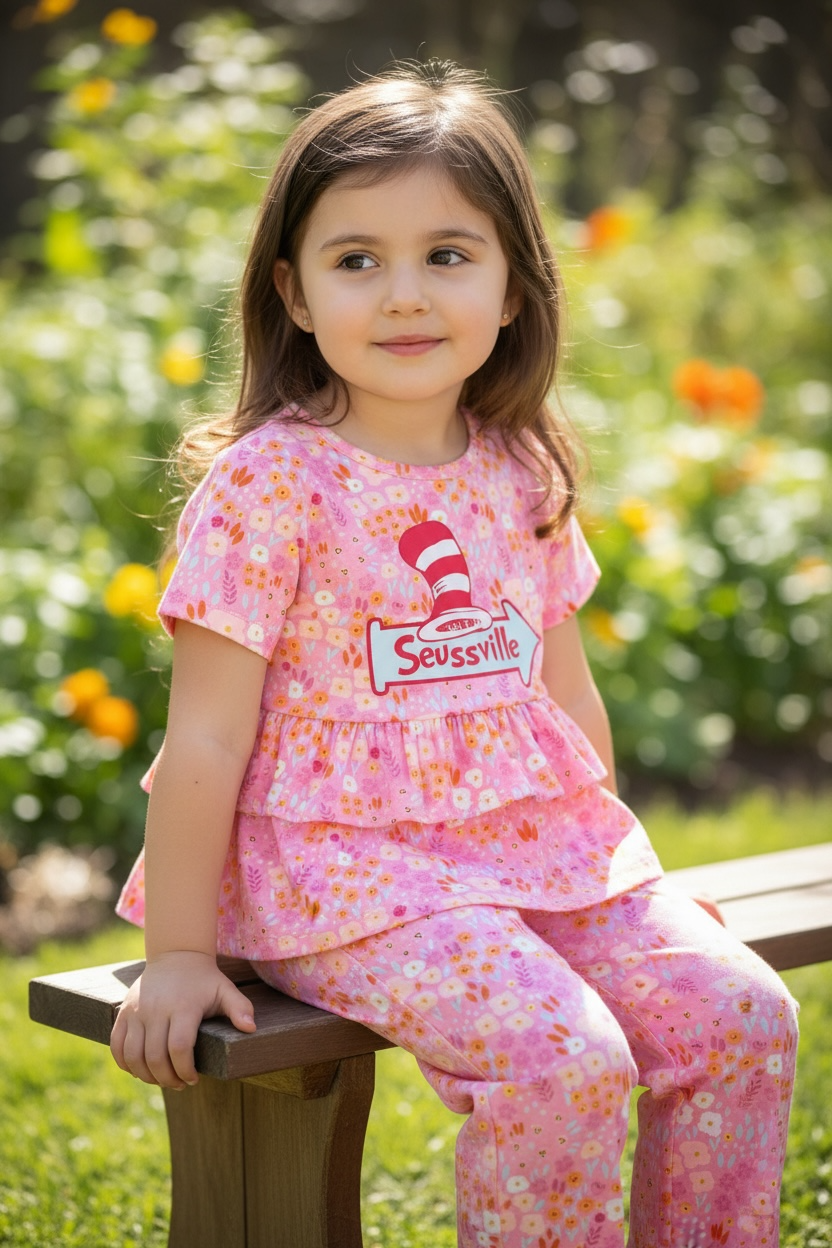 Seussville ruffle tunic and straight pants.