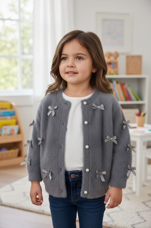 Gray button up cardigan with peal buttons.