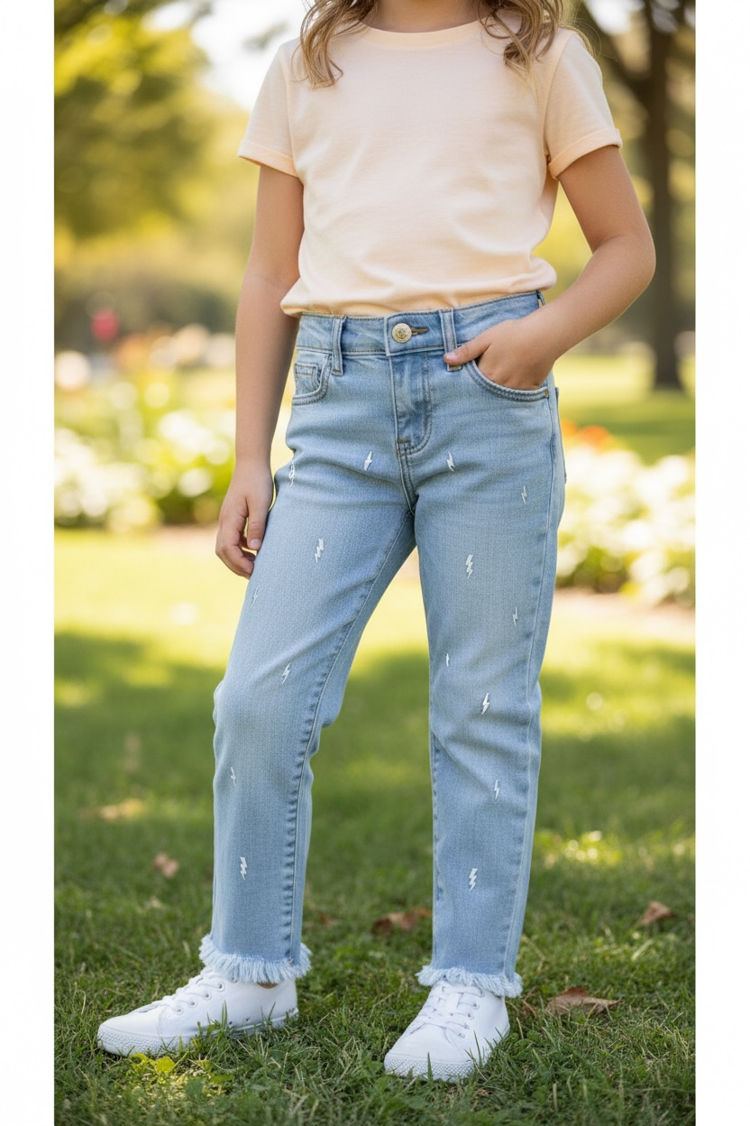 Embroidered bolt denim ankle jeans.
