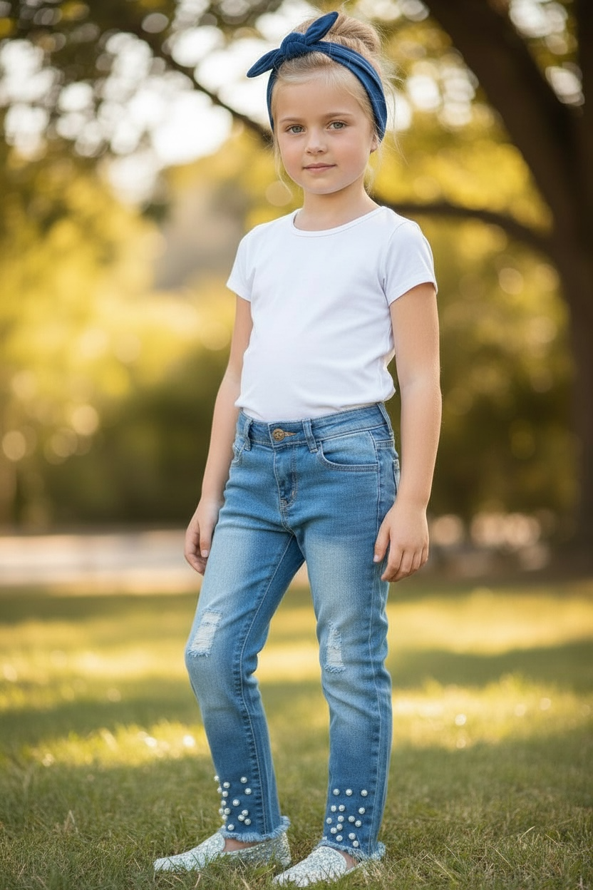 Distressed skinny jeans with snapped pearls.