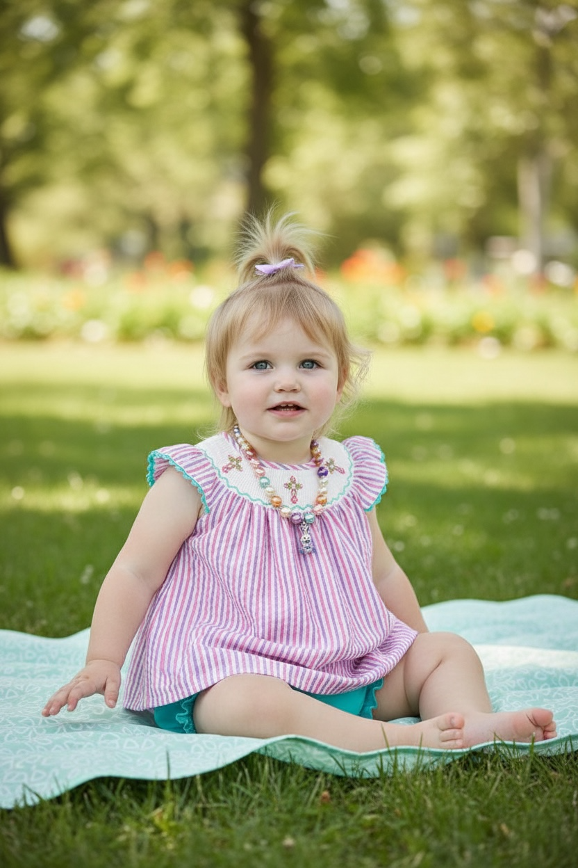 Cross embroidery smock neckline baby tunic & bloomers.