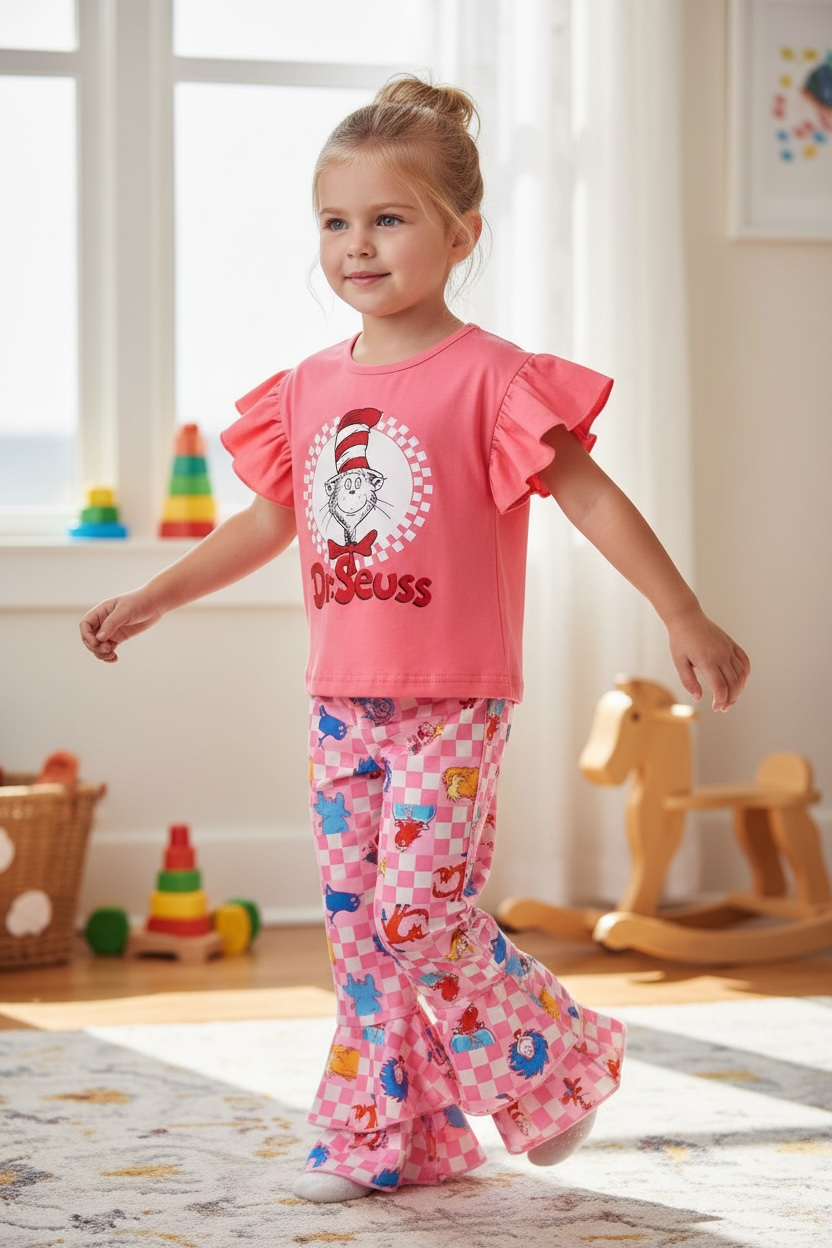 Pink ruffle sleeve Dr. S multi printed 2 piece set