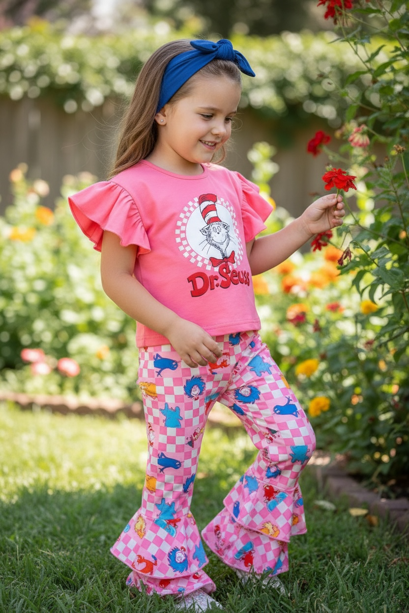 Pink ruffle sleeve Dr. S multi printed 2 piece set