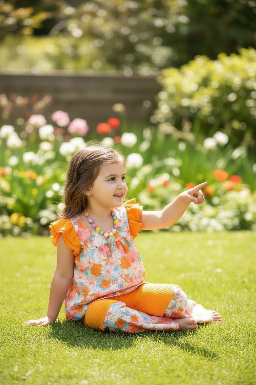 Easter bunny/ floral printed tunic and matching bell bottoms. OFG60145
