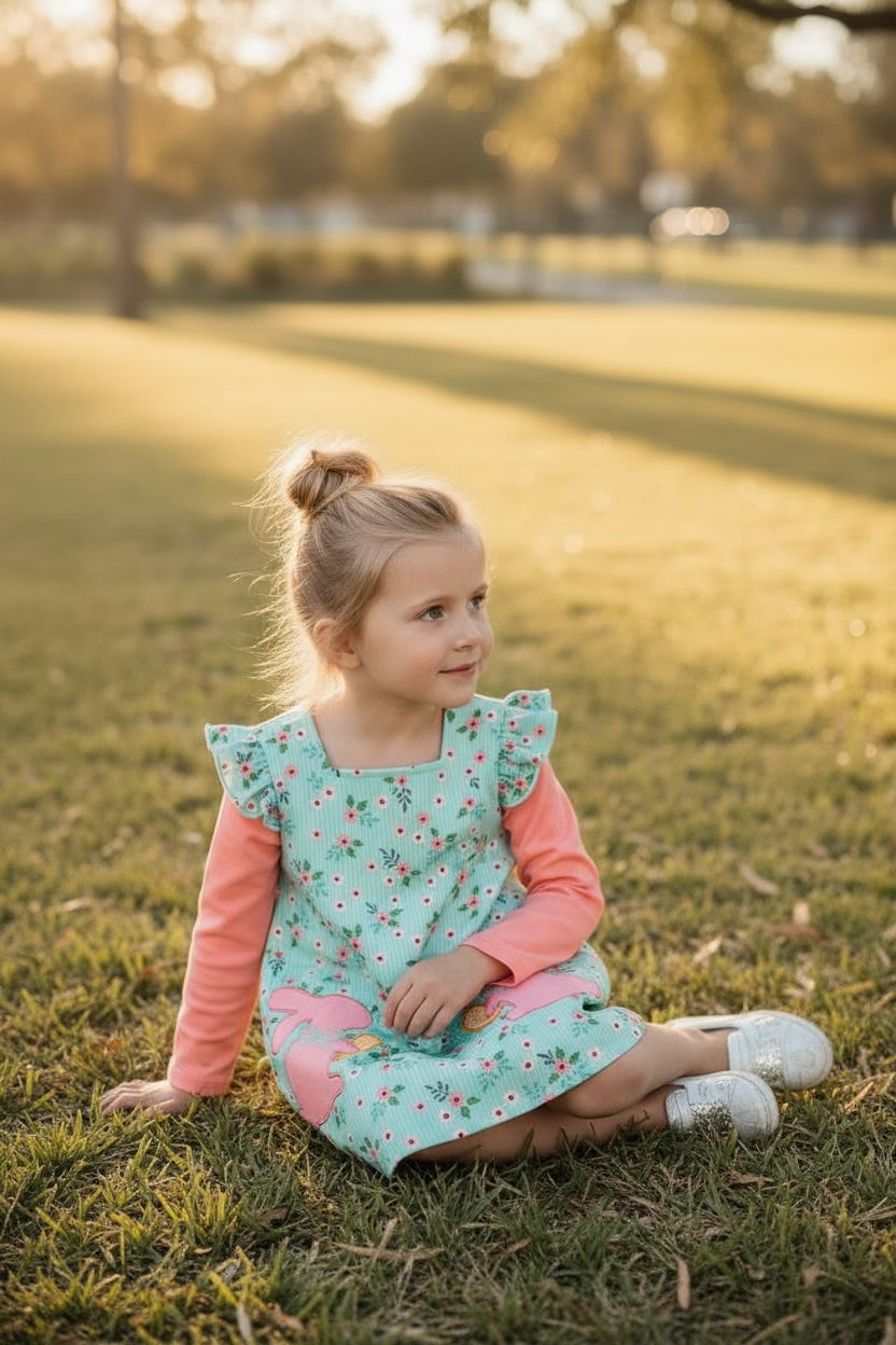 Floral ribbed long sleeve dress with bunny applique.