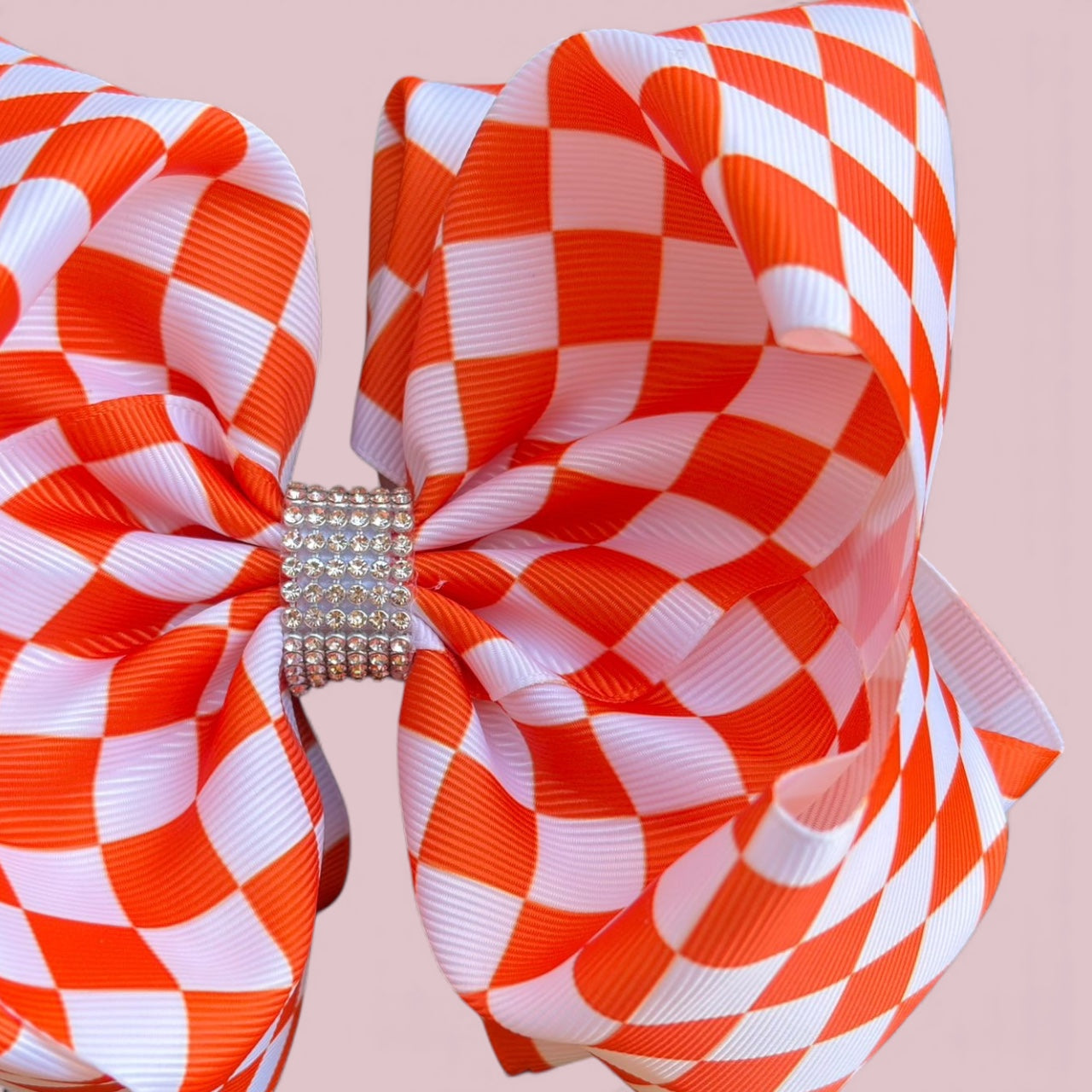 6.5" Orange & white checkered printed double layer hairbow.