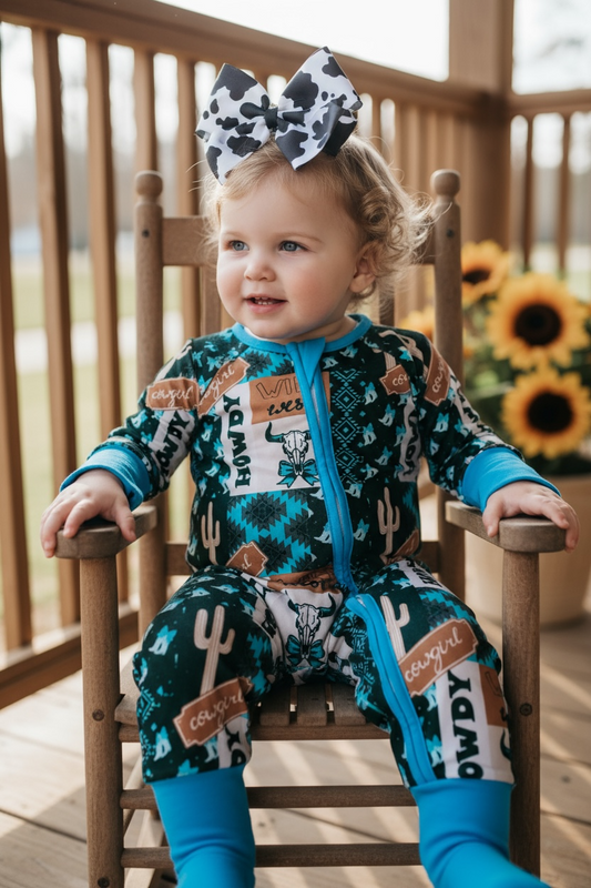 Wild western multi- printed baby onesie with fold over footie and hands.