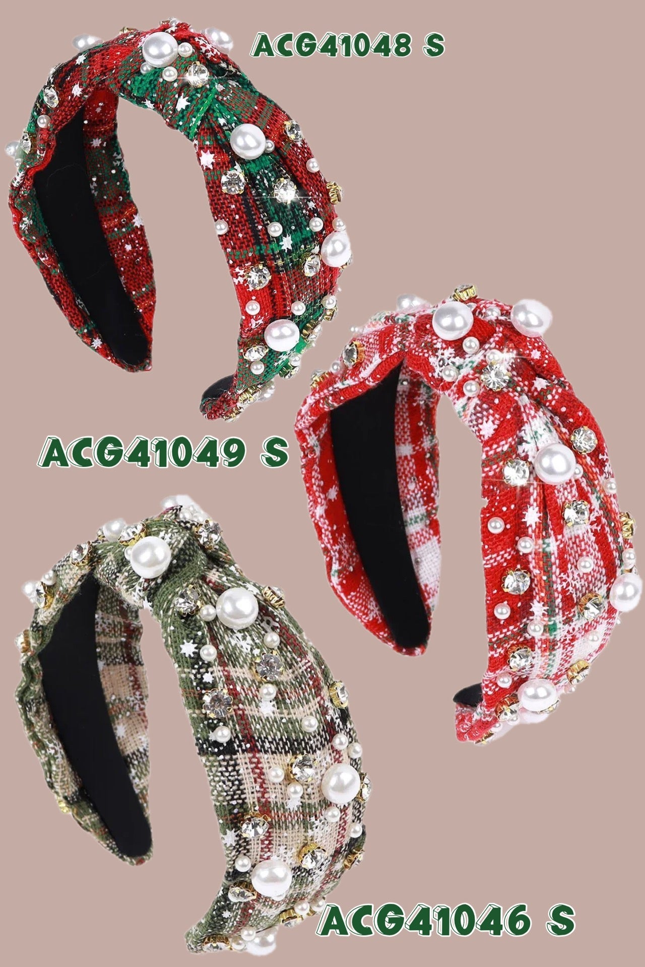 Christmas plaid pearls & stone headbands available in 3 prints.