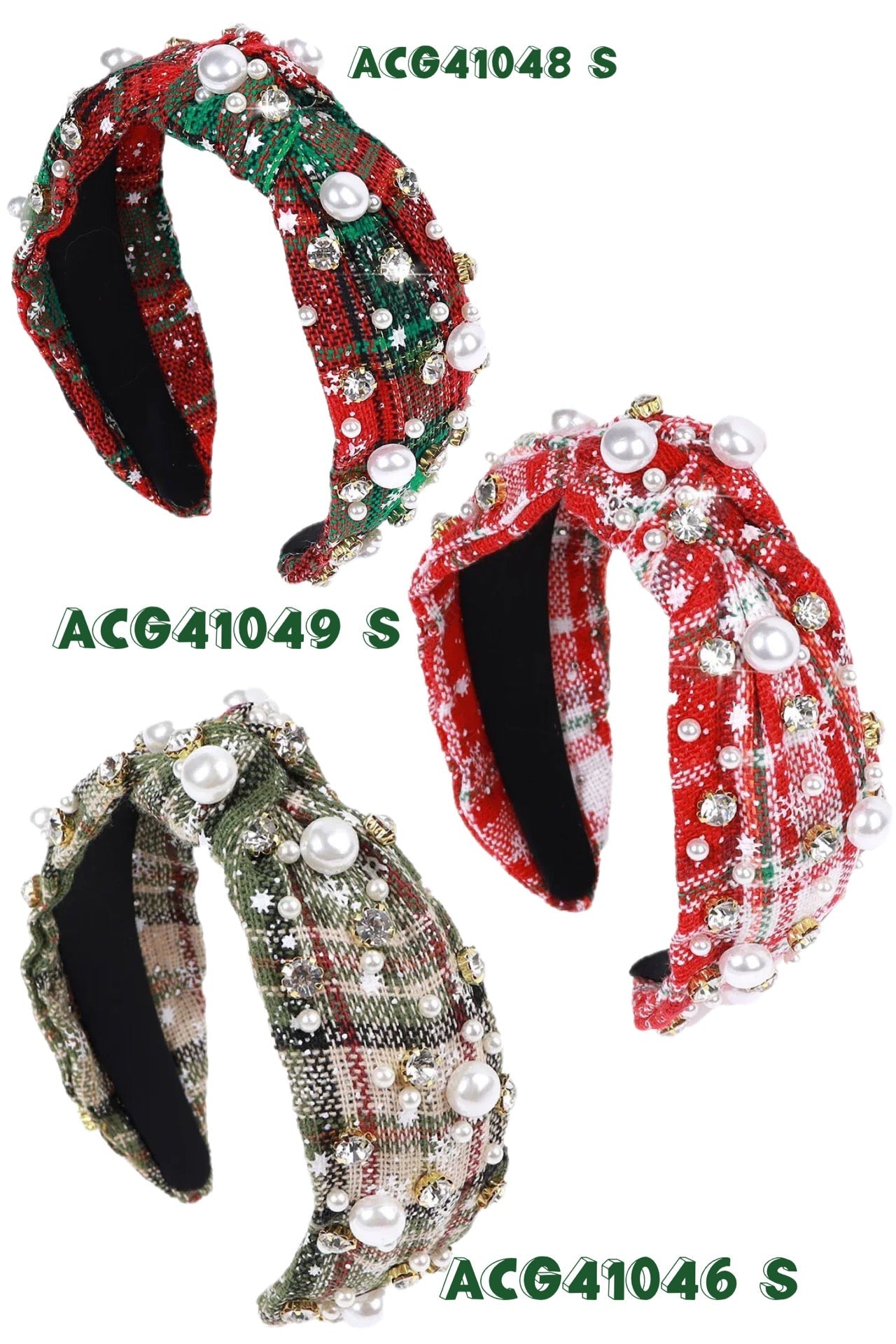 Christmas plaid pearls & stone headbands available in 3 prints.