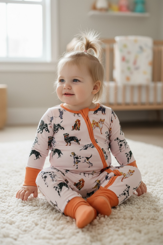 Multi-printed dog baby onesie.