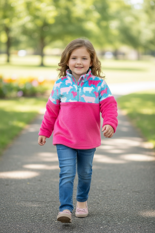 Cow printed on fucshia fleece pullover sweater.