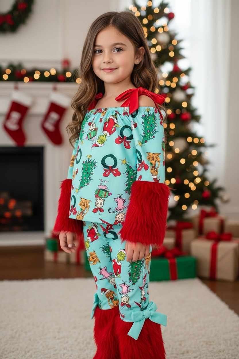 Christmas character 2 piece set on pink with red fur.