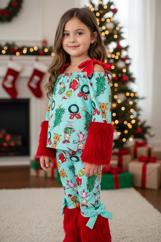 Christmas character 2 piece set on pink with red fur.