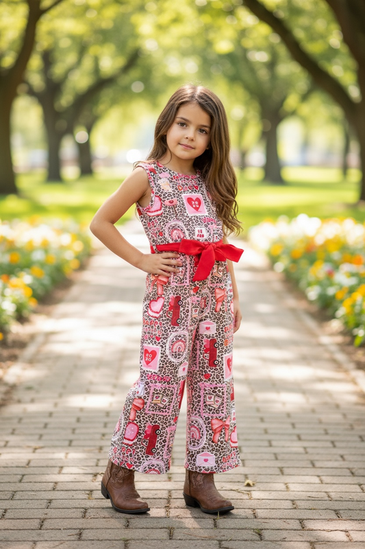 Cheetah w/ Valentines print girls jumpsuit.