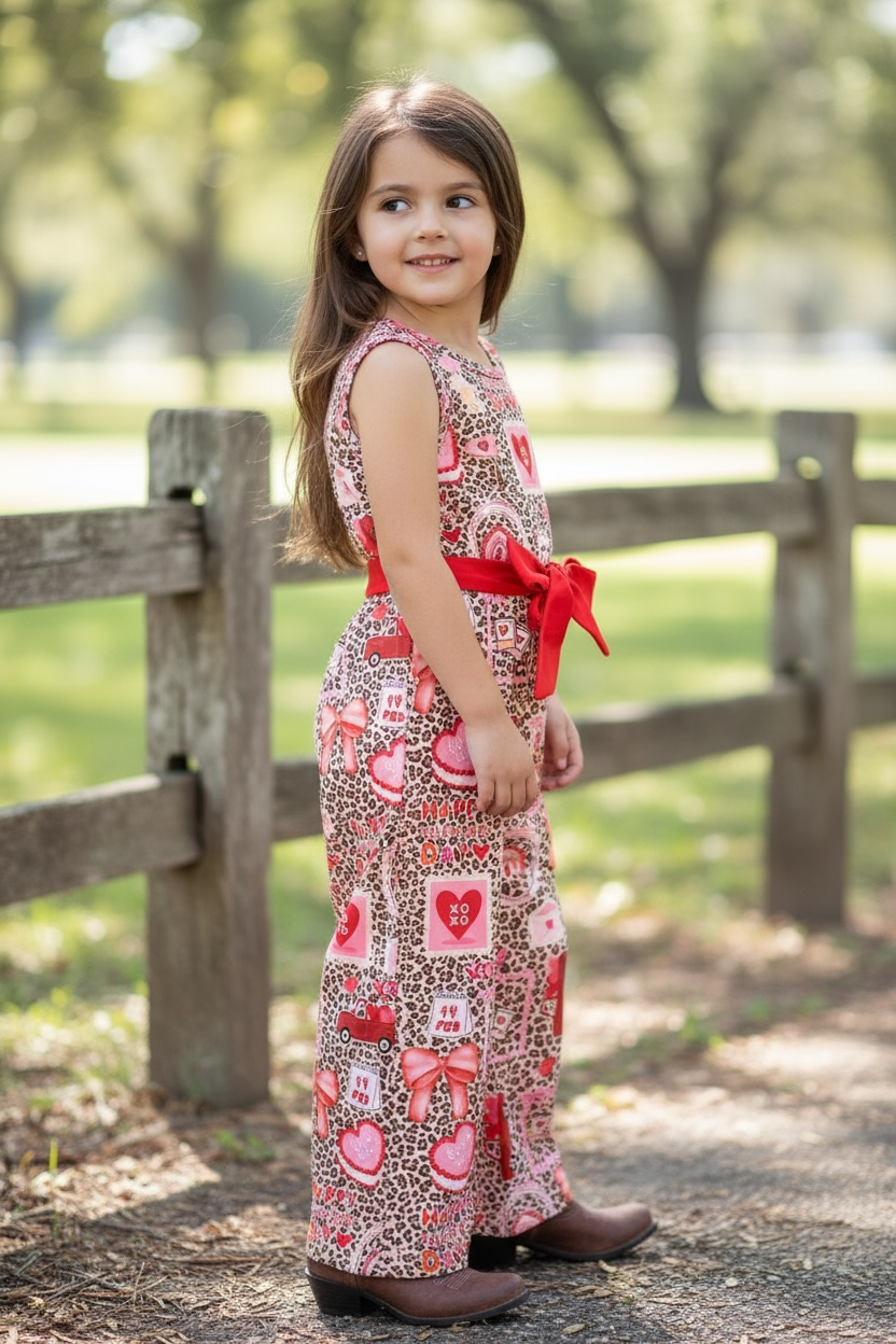 Cheetah w/ Valentines print girls jumpsuit.
