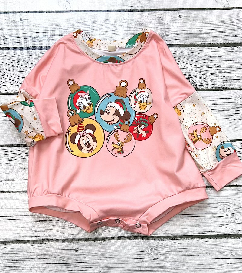 Cartoon ornament printed baby romper with snaps.