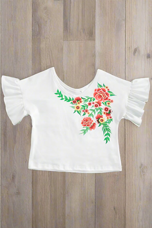 Faux embroidered floral top w/ ruffle sleeves