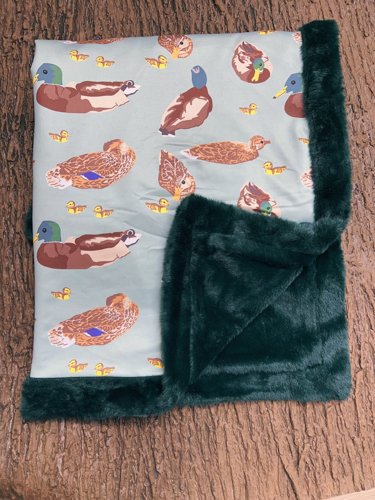32 inch x 32 inch Mallard duck baby blanket with cozy faux fur.