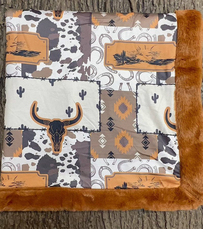 32 inch X 32 inch bull skull and cow printed baby blanket. BL0508-8-32*32inches