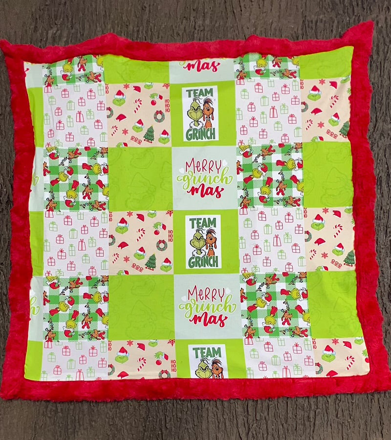 32 inch X 32 inch Green & red Christmas printed baby blanket.