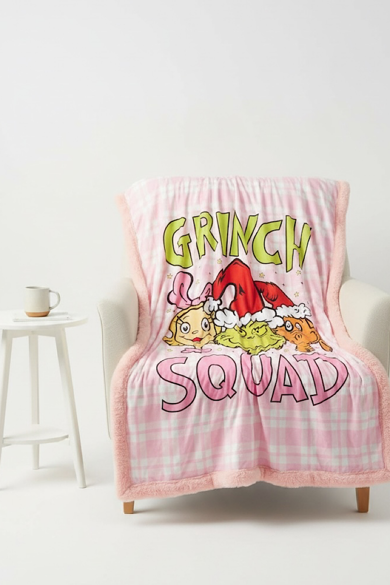 50 inch X 60inch Pink plaid Christmas character throw blanket.