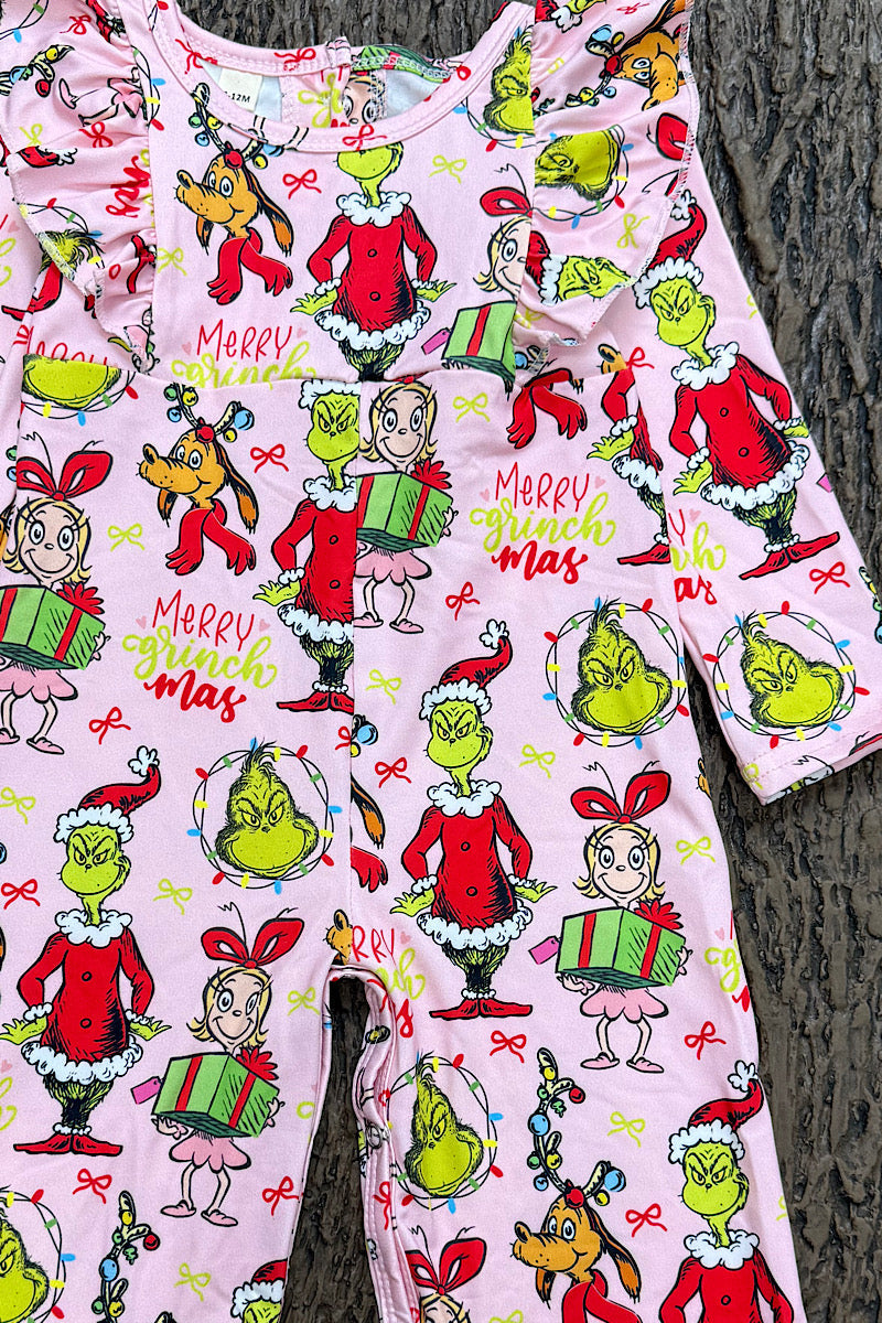 Pink Christmas character printed jumpsuit. LR0505-22-Mon
