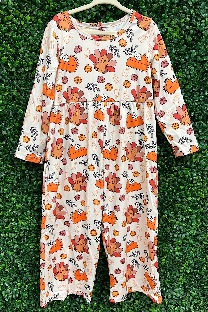 Turkey printed girls jumpsuit with back buttons. LR0425-30-SOL