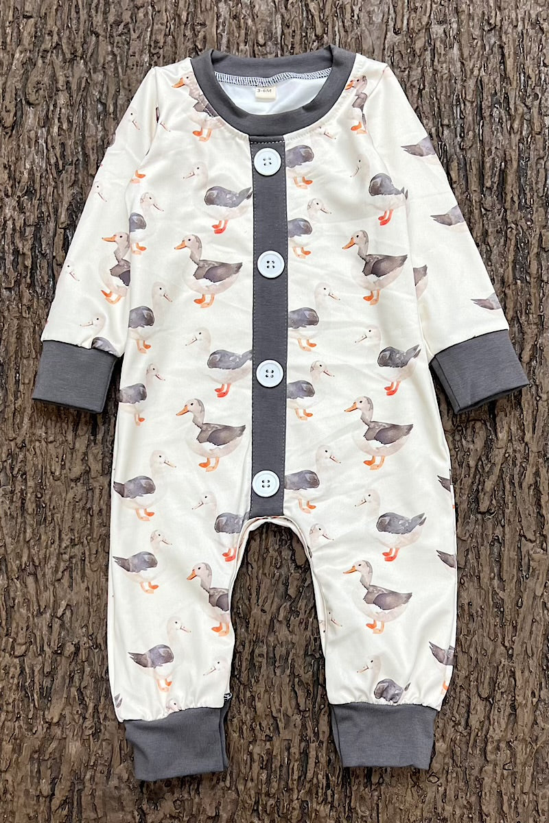 Gray Duck printed baby romper with snaps. LR0425-10-MON