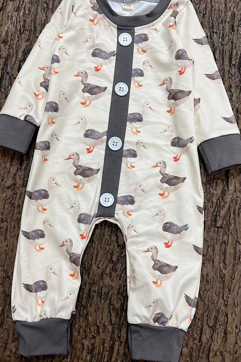 Gray Duck printed baby romper with snaps. LR0425-10-MON
