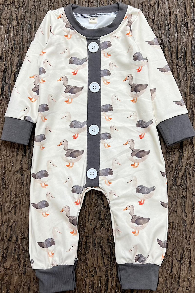 Gray Duck printed baby romper with snaps. LR0425-10-MON