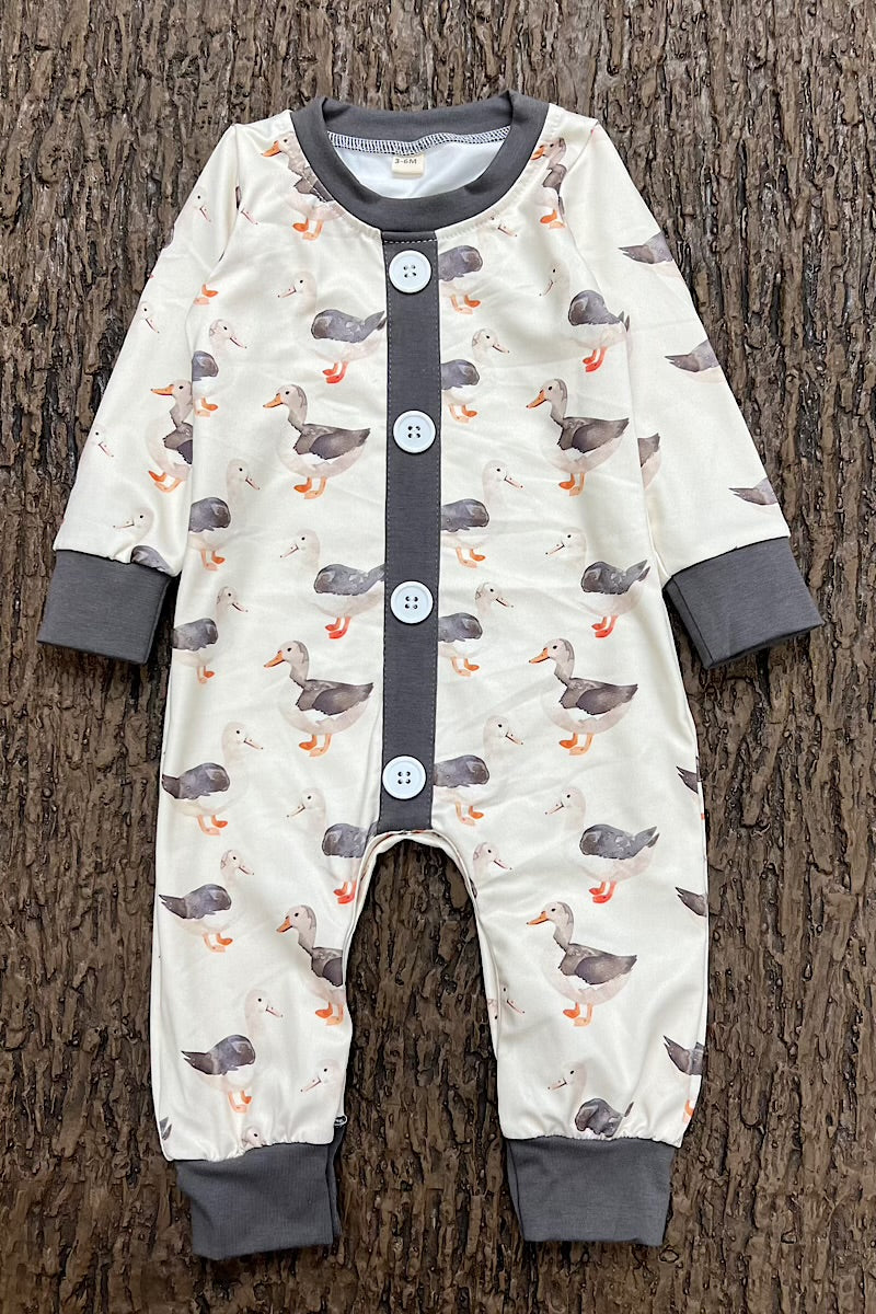 Gray Duck printed baby romper with snaps. LR0425-10-MON