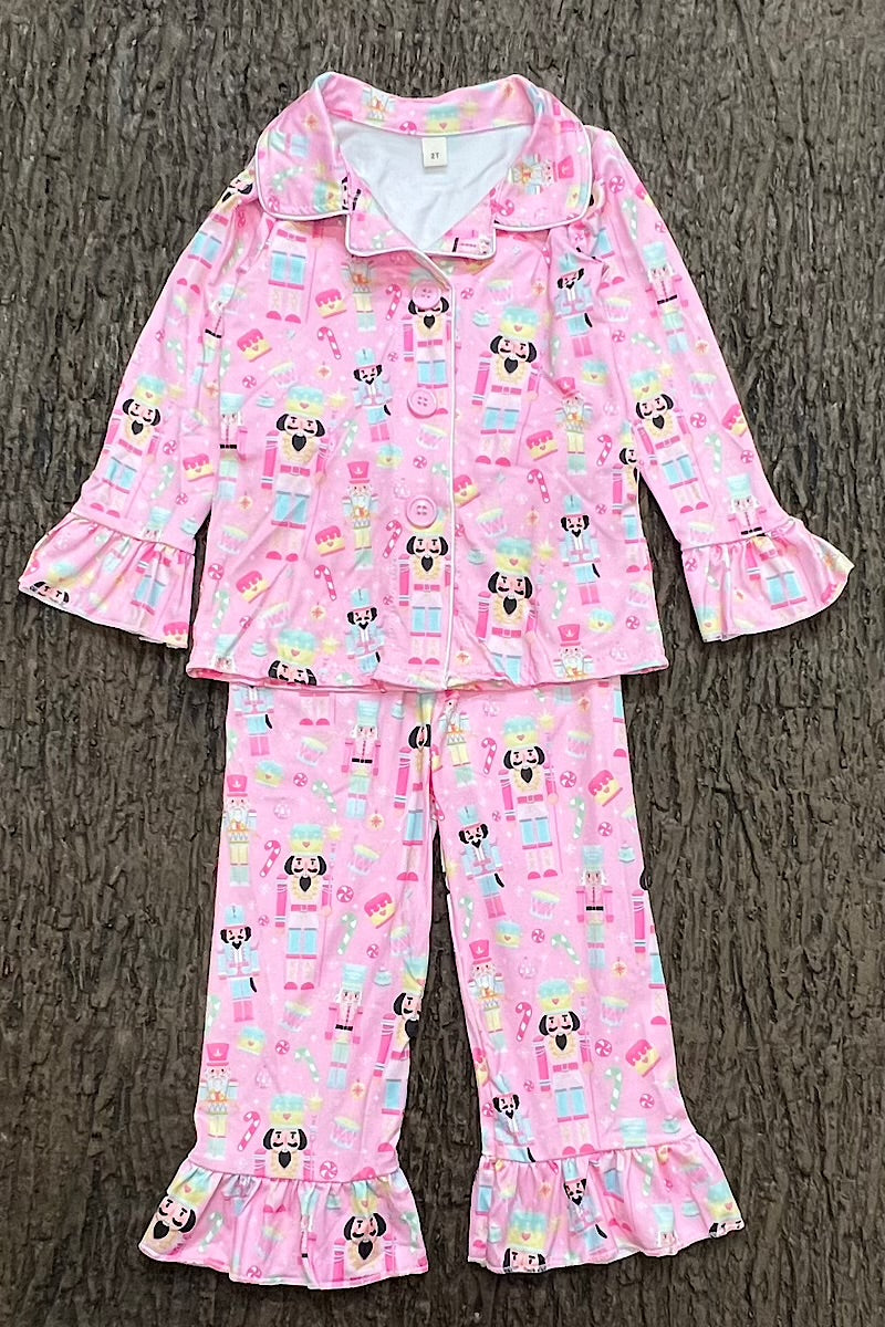 Pink nutcracker button up pajamas. GLP0424-2Mon