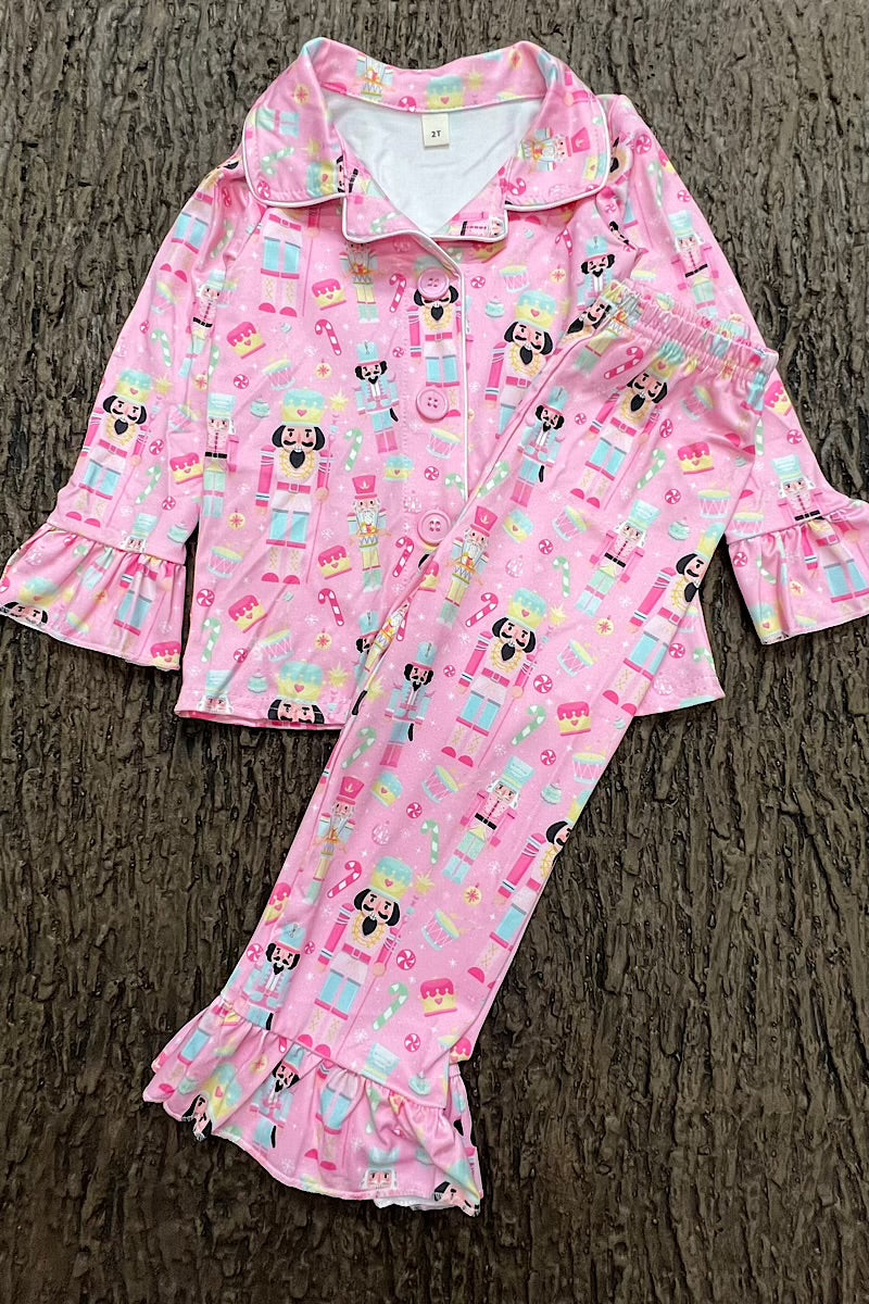 Pink nutcracker button up pajamas. GLP0424-2Mon
