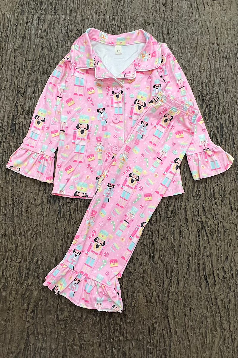 Pink nutcracker button up pajamas. GLP0424-2Mon