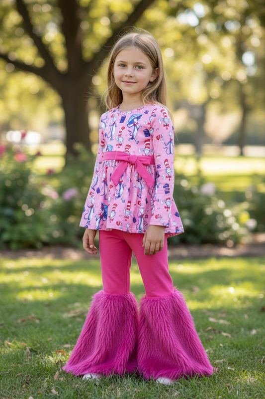 Cute Dr.S character printed girls tunic and faux fur bells.