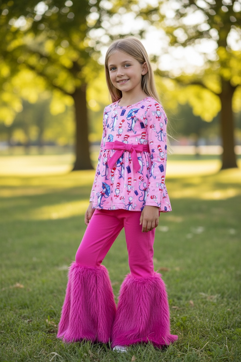 Cute Dr.S character printed girls tunic and faux fur bells.