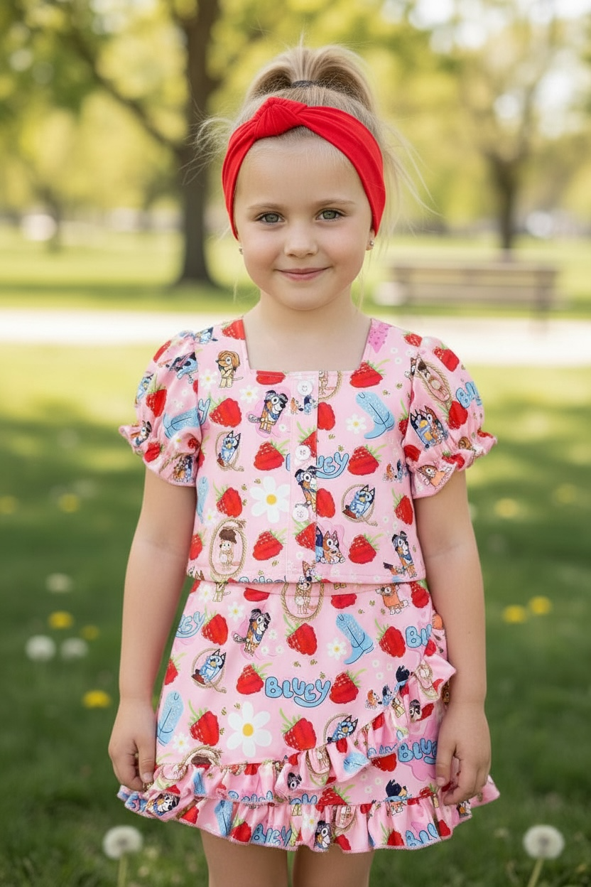 Raspberry printed on pink girls 2 piece set.