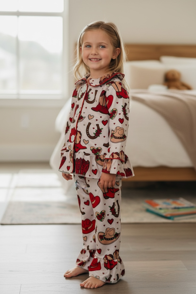 Valentines/western printed girls pajamas with ruffle hem.