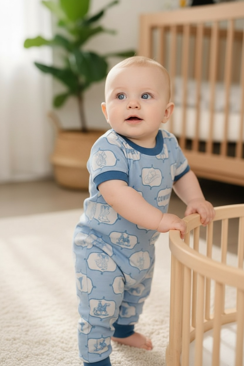 Lt. blue cowboy printed boys baby romper with snaps.