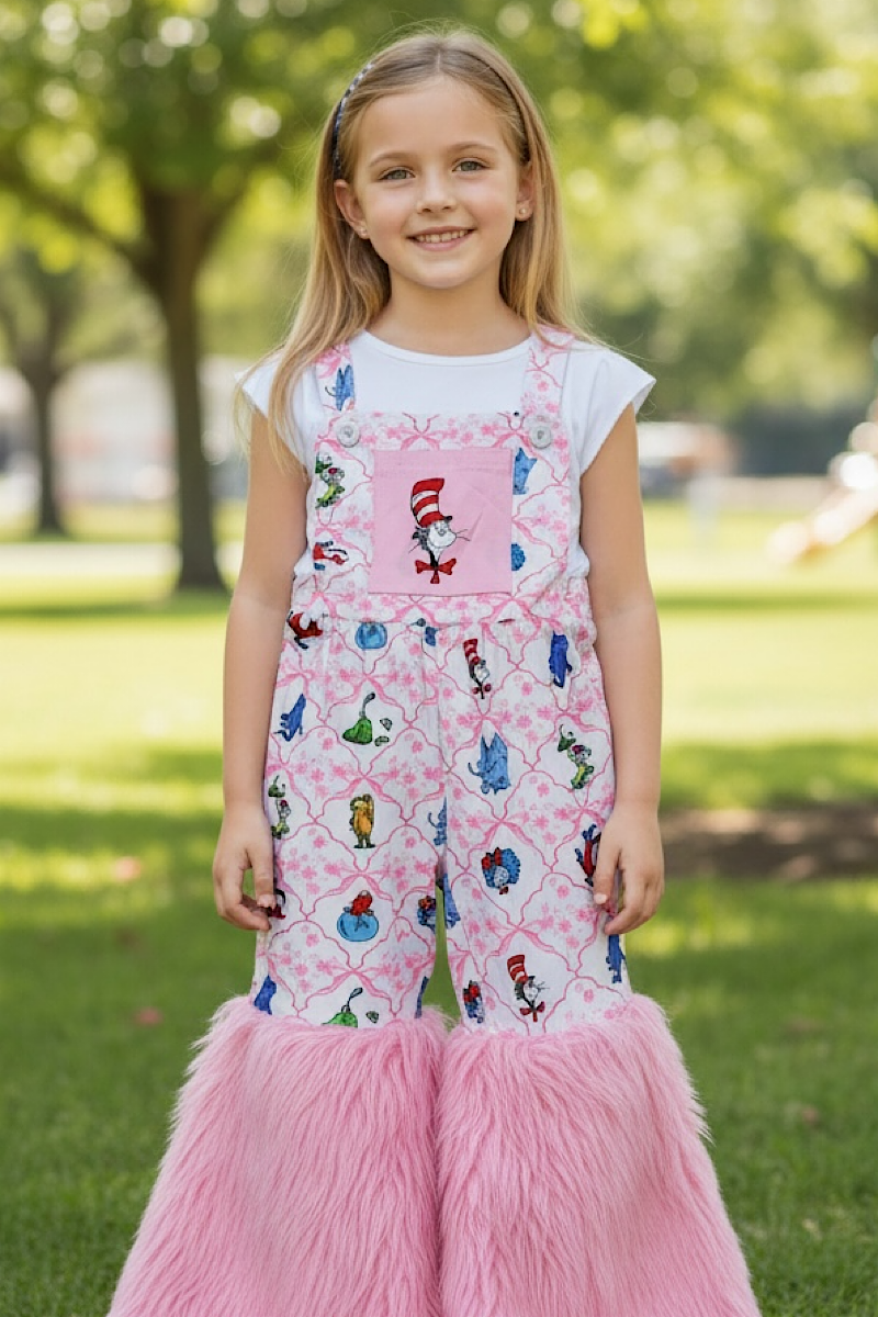 Dr. S multi-printed girls romper with faux fur.