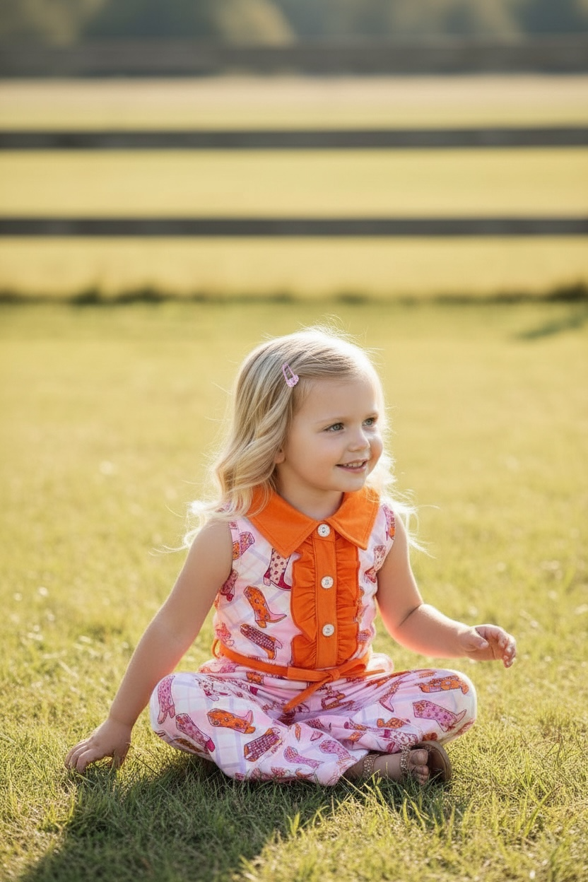 Pink & orange boot printed girls jumpsuit.