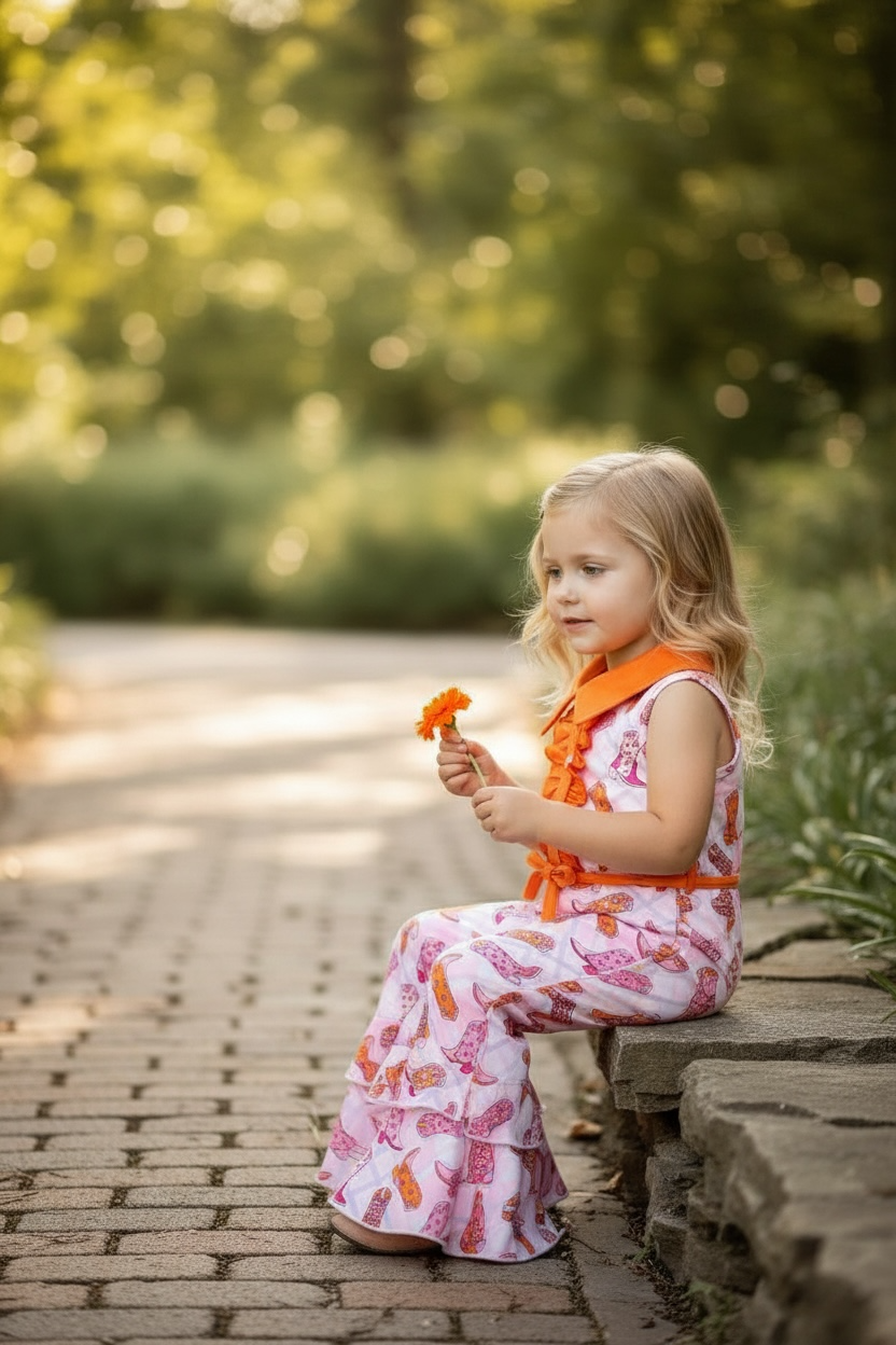 Pink & orange boot printed girls jumpsuit.
