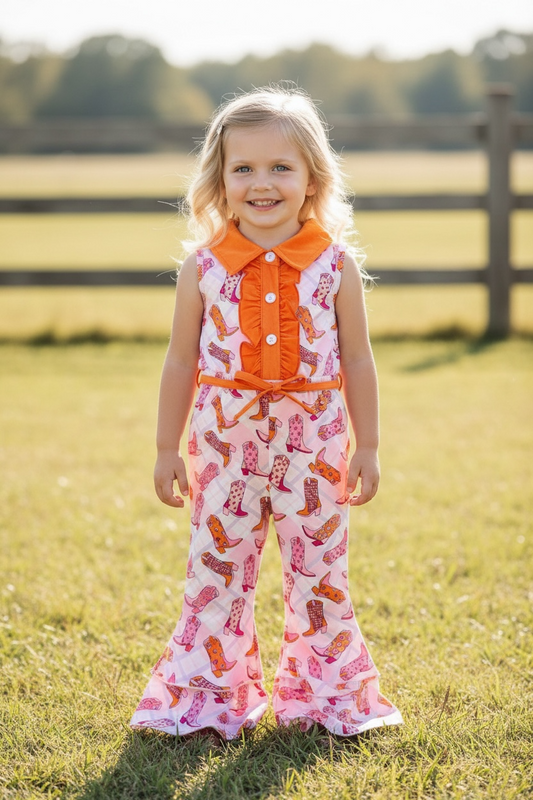 Pink & orange boot printed girls jumpsuit.