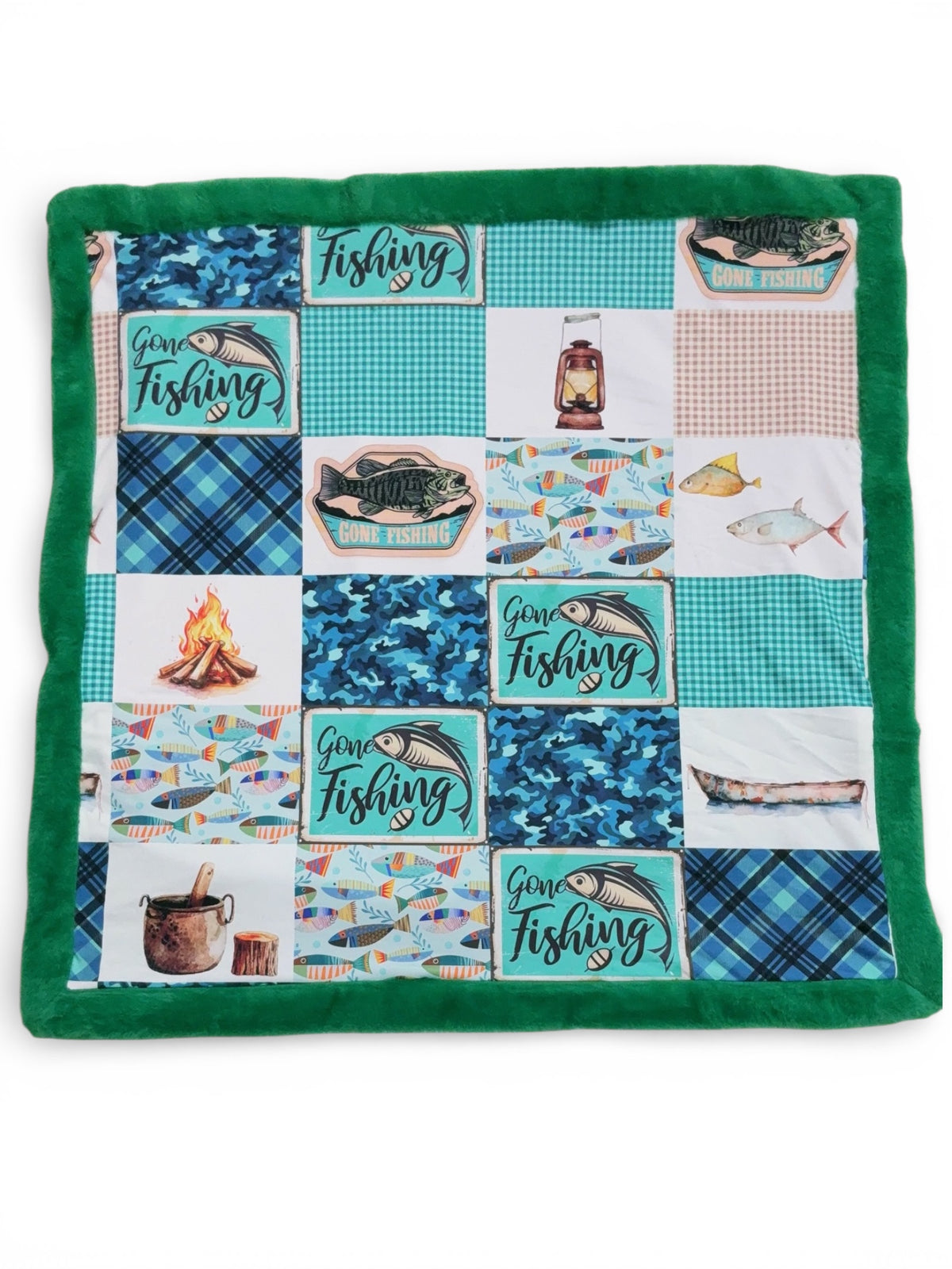 32" x 32".Gone Fishing multi-patch printed baby blanket. BL102328-32*32inches