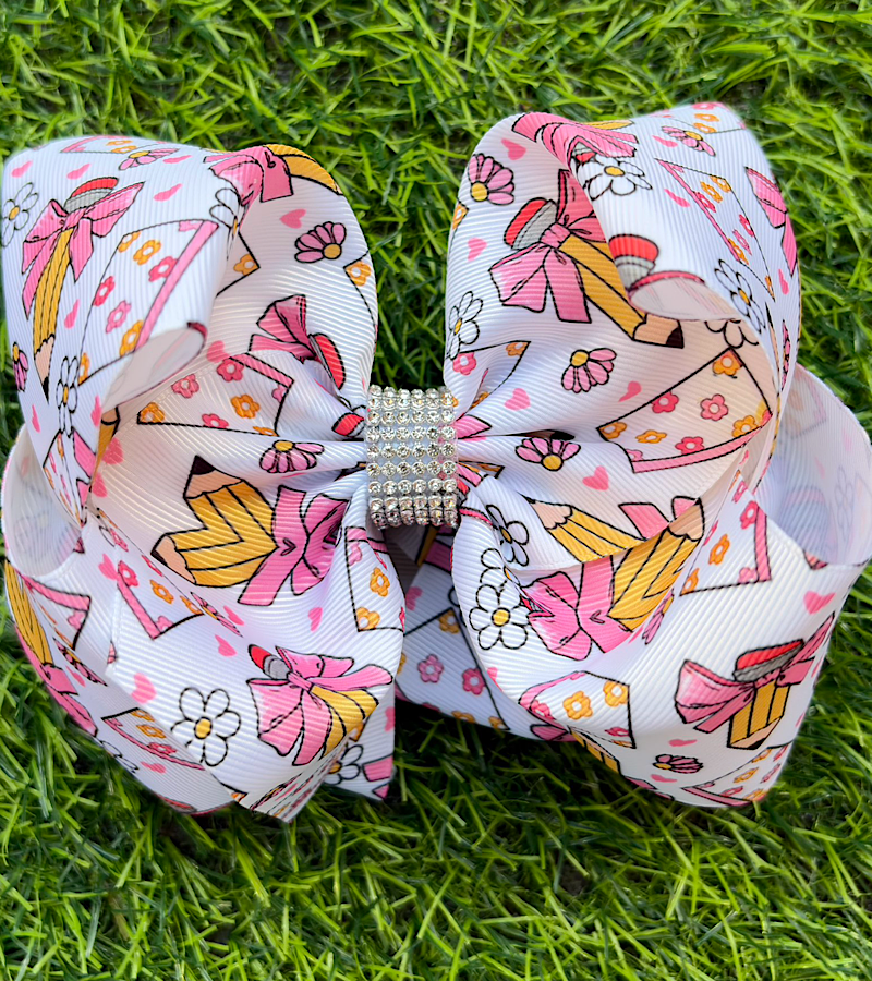 Pencil & Flower printed back to school double layer hair bows.  BW-DSG-5144