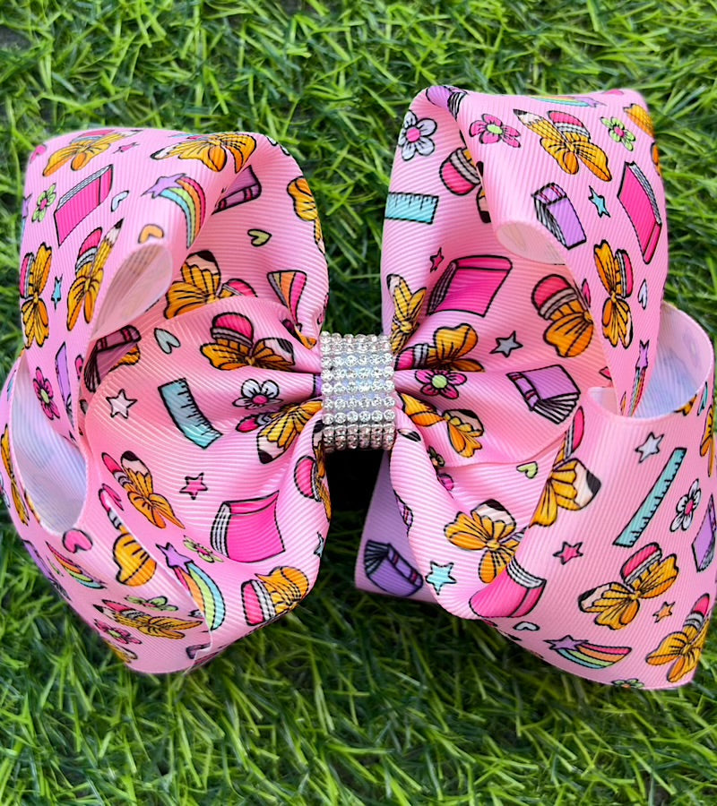 Pencil form of bow, flower, ruler, book printed hair bow. BW-DSG-5149