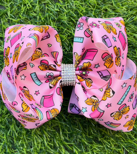 Pencil form of bow, flower, ruler, book printed hair bow. BW-DSG-5149