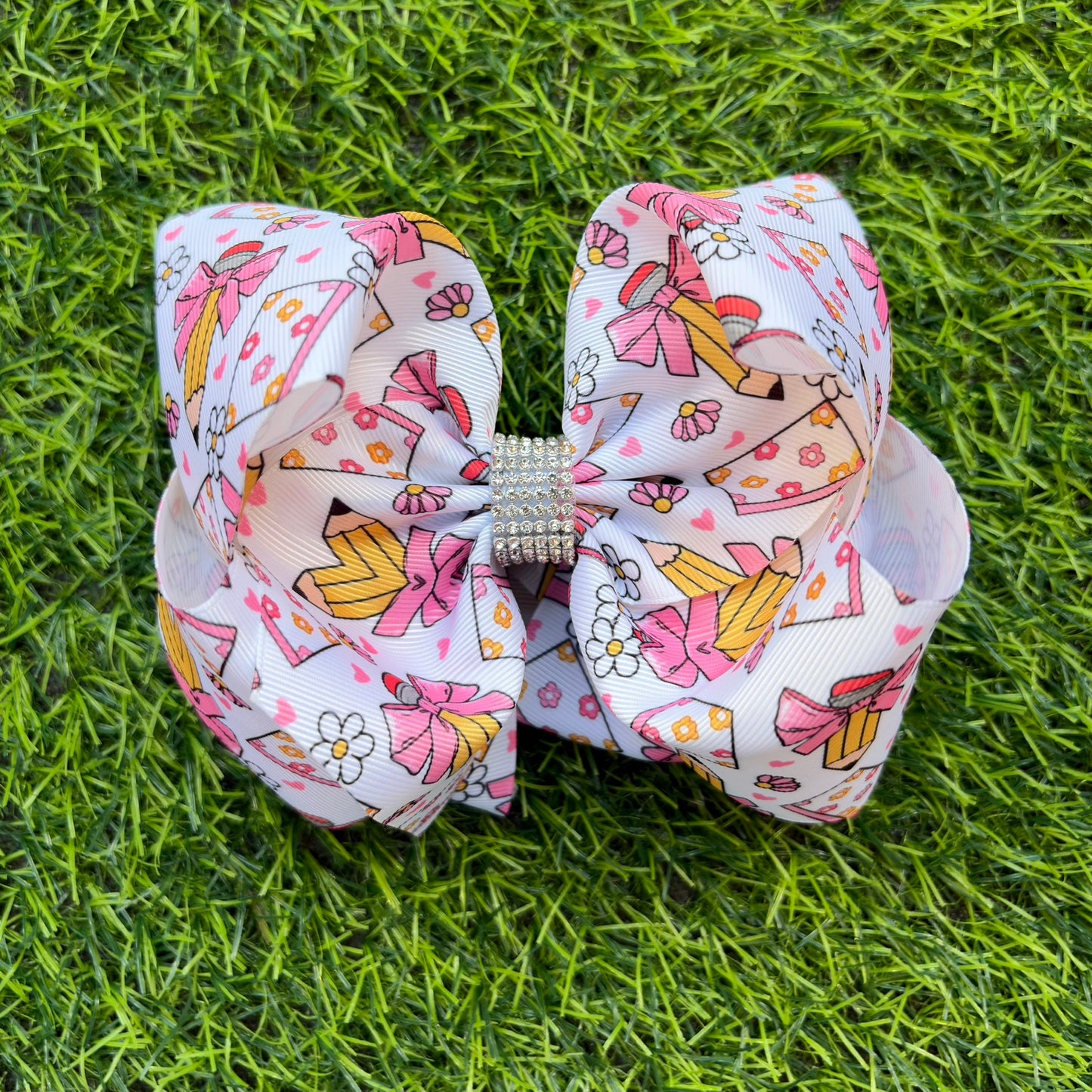 Pencil & Flower printed back to school double layer hair bows.  BW-DSG-5144